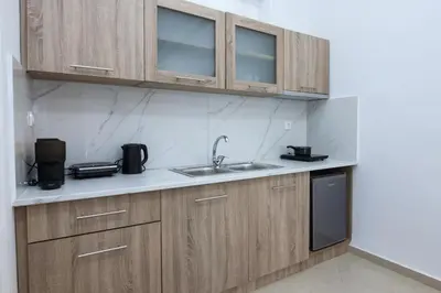 a kitchen with wooden cabinets and a sink at Athens Luxury center Aparts F&G in Athens