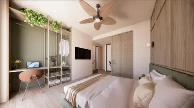 a bedroom with a bed and a ceiling fan at Athens Ilisiam in Athens