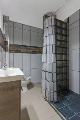 a bathroom with a shower and a toilet and a sink at Dreamy Cove, Artistic Hideaway near Floisvos 1BD in Athens