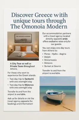 a flyer for a hotel with a boat on the beach at Athens Central Stay, 3BD Apartment, 3min Metro in Athens