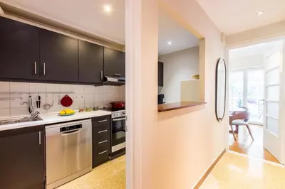 a kitchen with black cabinets and stainless steel appliances at Modern Home W Balcony Near Kolonaki in Athens