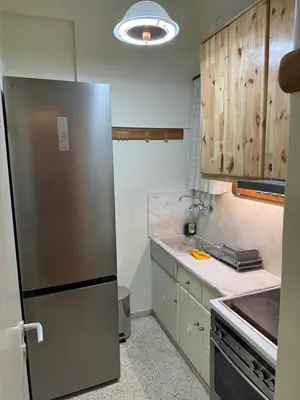 a kitchen with a stainless steel refrigerator and wooden cabinets at Cozy place at the center of Athens in Athens