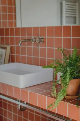 a bathroom sink with a faucet and a plant at Stylish cozy artistic Athens apartment in Athens