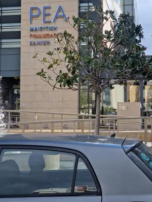 a car parked in front of a building with a tree at SYGGROU - ONASSIO and REA Hospitals - 1bdr APT - sleep 2-4p in Athens