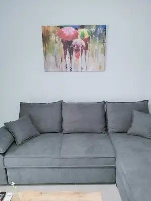 a couch in a living room with a painting on the wall at MYKALI's COZY APARTMENT in Athens