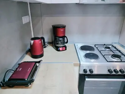 a kitchen with a stove and a coffee maker at MYKALI's COZY APARTMENT in Athens
