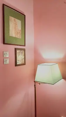 a lamp in a room with a pink wall at Spacious apartment near Acropolis in Athens