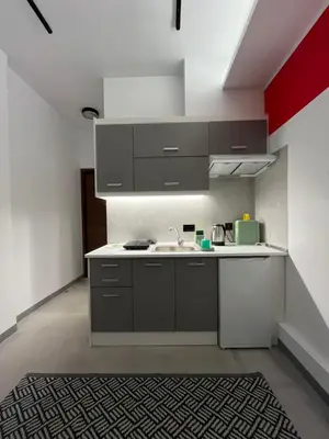 a kitchen with gray cabinets and a sink and a rug at Muses Suite Klathmonos by Zeussuites in Athens