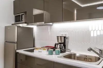 a kitchen with a sink and a stainless steel refrigerator at Bright Apartment in Athens City Center 2 Bedrooms with Terrace in Athens
