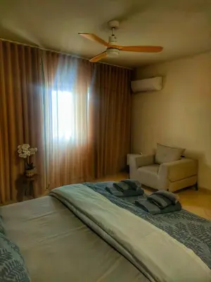 a bedroom with a bed and a ceiling fan at Home4U apt2, just 8Km from airport in Markopoulo