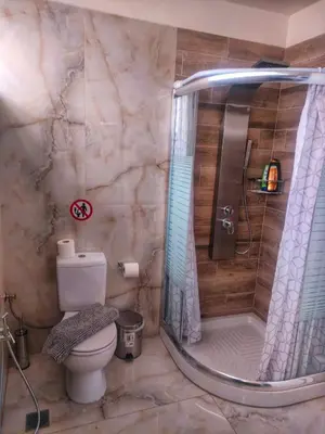a bathroom with a shower and a toilet in it at Home4U apt1, just 8Km from airport in Markopoulo