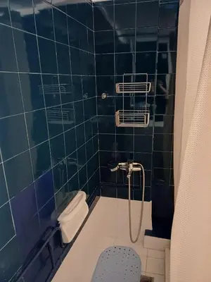 a blue tiled bathroom with a shower and a toilet at Acropolis view in Lycabettus in Athens