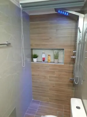 a bathroom with a shower with a toilet and plants at Athens Ellinikon Apartment in Athens