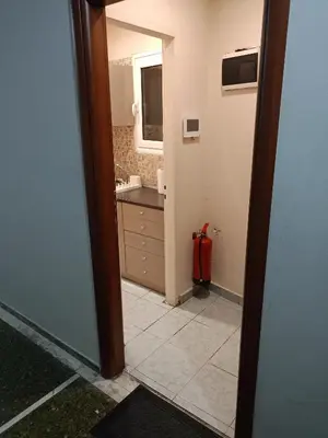 a bathroom with a sink and a red suitcase at Athens Downtown Apartment in Athens