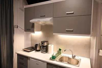 a kitchen with a sink and a microwave at Medusa suite stadiou by Zeussuites in Athens