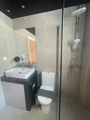 a bathroom with a toilet and a sink and a shower at Spacious seaside flat at alimos in Athens