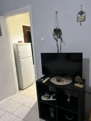 a living room with a tv and a refrigerator at Atelier Ioulianou 72 in Athens