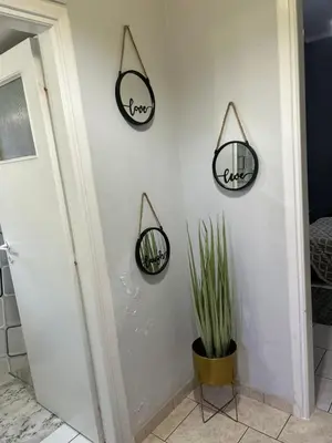 a room with three mirrors on a wall with a plant at Atelier Ioulianou 72 in Athens