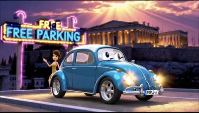a cartoon car parked in front of a free parking sign at Triple A - Psiri Urban Charm Studios at Theatrou Square I Free Parking in Athens