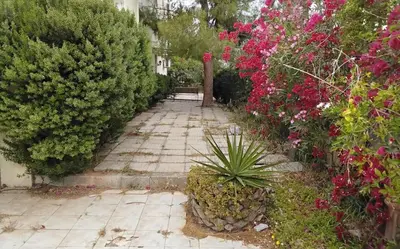 a garden with flowers and plants on a sidewalk at Penthouse Peaceful Oasis in Lagonissi