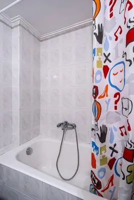 a bathroom with a bath tub with a shower curtain at Didotου Apartments in Athens