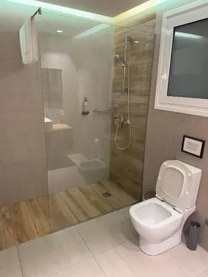 a bathroom with a shower and a toilet with a glass door at Urban Muse Apartments - Archaeological Museum of Athens in Athens