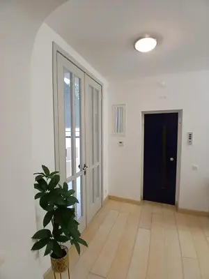 an empty room with a potted plant and a door at Σπίτι - Κάστρο πάνω από τη θάλασσα in Piraeus