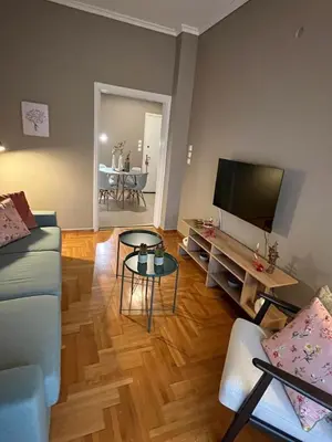 a living room with a couch and a tv at Acropolis, 2BD Erechthiou 21 23 in Athens