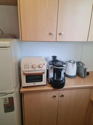 a kitchen counter with a microwave and a coffee maker at The Green Parthenon in Athens