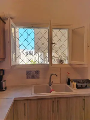 a kitchen with a sink and a window at Cozy apartment in Pagkrati in Athens