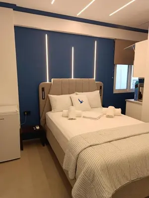 a bedroom with a large bed with a blue wall at Zeus Elegant Suite by Zeus Suites in Athens