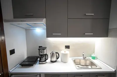 a kitchen counter with a sink and a coffeemaker at Zeus Elegant Suite by Zeus Suites in Athens