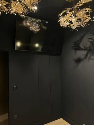 a room with black walls and a chandelier at Tsakalof 17 Black in Athens