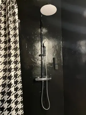 a shower in a bathroom with a black wall at Tsakalof 17 Black in Athens