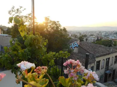 a view of a city from a balcony with flowers at Nanny's Guest House in Plaka in Athens