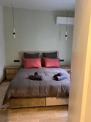 a bed with two cats laying on top of it at Modern apartment with patio in Athens