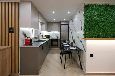 a kitchen with a green plant on the wall at Panos City Apartment - Private parking for motorcycles in Athens