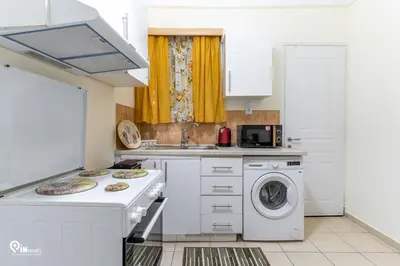 a kitchen with a stove and a washer and dryer at Gardenia - Cozy House Near Piraeus in Piraeus