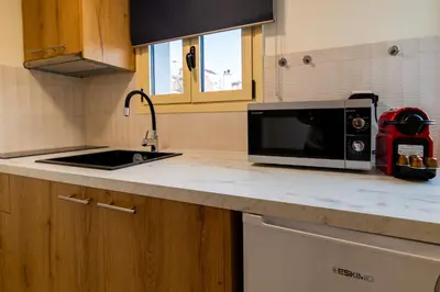 a kitchen with a sink and a microwave on a counter at Elegant Flats in Historic Centre in Athens