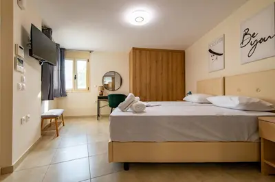 a hotel room with a bed and a television at Elegant Flats in Historic Centre in Athens