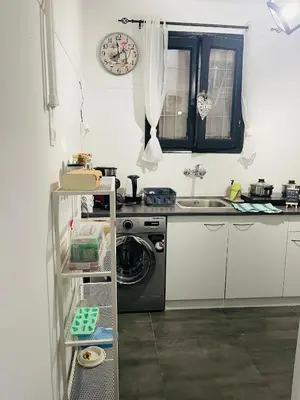 a kitchen with a washing machine and a sink at Chambres Élysées in Athens