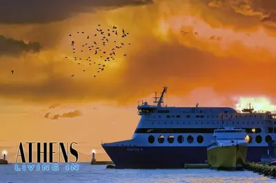 a cruise ship in the ocean with birds flying at Endless Blue Breathtaking View Apt 6fl 2&4ppl in Piraeus