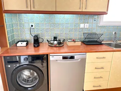 a kitchen with a washing machine and a sink at Thalassea - Athenian Riviera in Athens