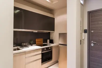 a kitchen with stainless steel appliances and black cabinets at Tranquil Studio in Pangrati Athens Center in Athens