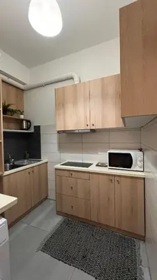 a kitchen with wooden cabinets and a white microwave at Fionas apartment in Athens in Athens