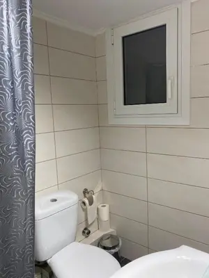 a small bathroom with a toilet and a tv at Fionas apartment in Athens in Athens