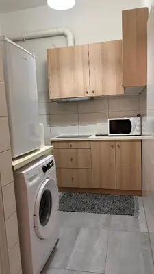 a kitchen with a washing machine and a microwave at Fionas apartment in Athens in Athens