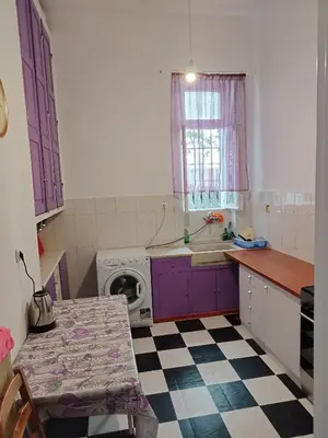 a kitchen with purple cabinets and a washing machine at Golden Hotel in Athens