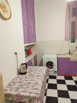 a kitchen with purple cabinets and a washing machine at Golden Hotel in Athens