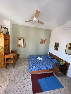 a bedroom with a bed and a ceiling fan at Mosaics easystay Penthouse 360'view in Athens